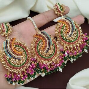 Intricate Gold and Green Chandelier Earrings